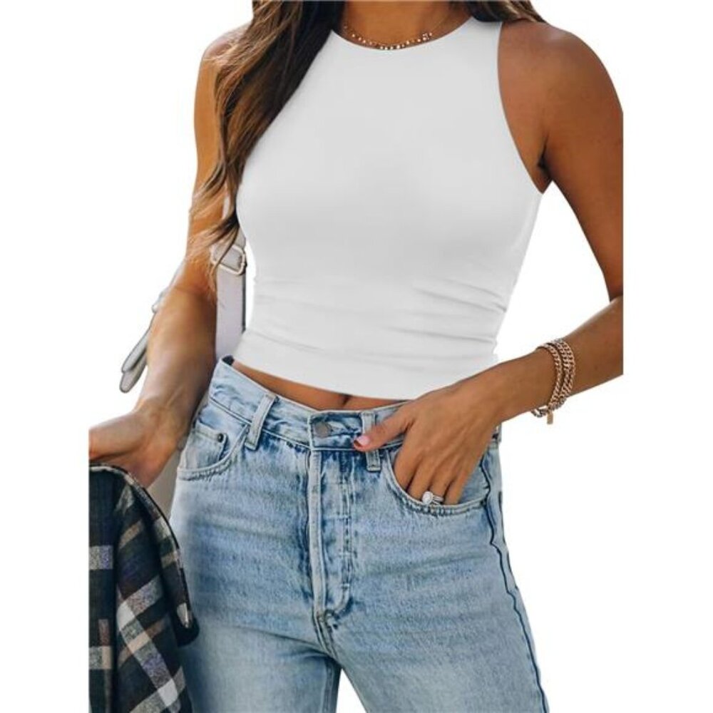 Womens Double Lined Crop Tank Tops Casual Basic Shirts Sleeveless white